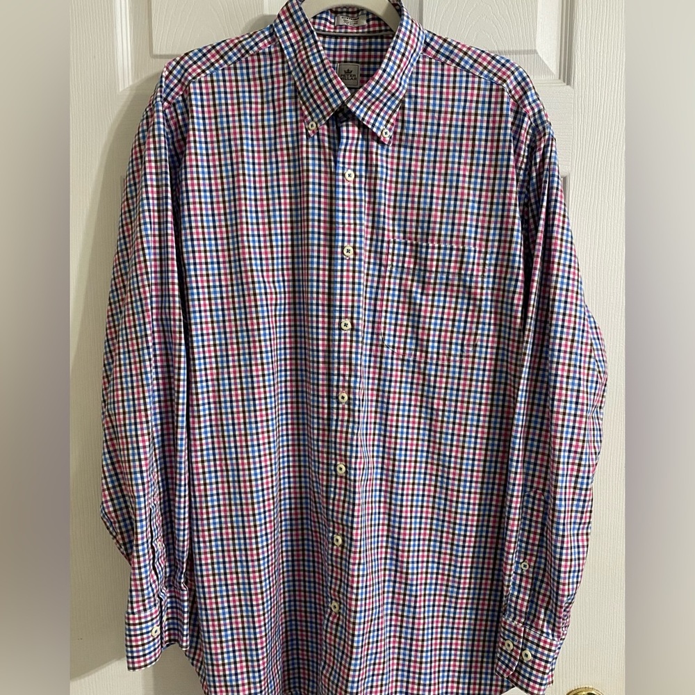 Peter Millar Blue and Pink Checkered Button Down Shirt